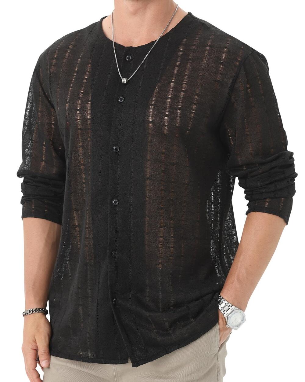 Mens Sheer Knit Button Up Shirt 7XL Black Long Sleeve New Casual